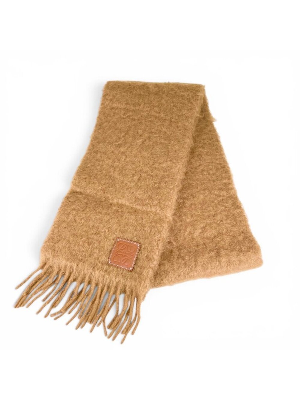 Loewe Mohair Wool Anagram Leather Patch Fringe Scarf Brown